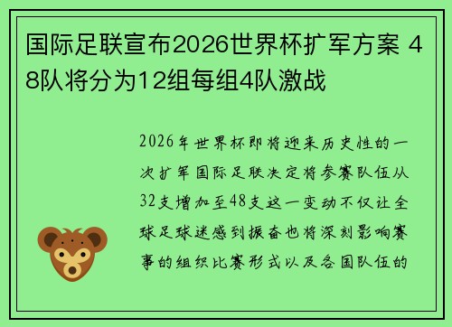 国际足联宣布2026世界杯扩军方案 48队将分为12组每组4队激战 国际足联宣布2026世界杯扩军方案 48队将分为12组每组4队激战